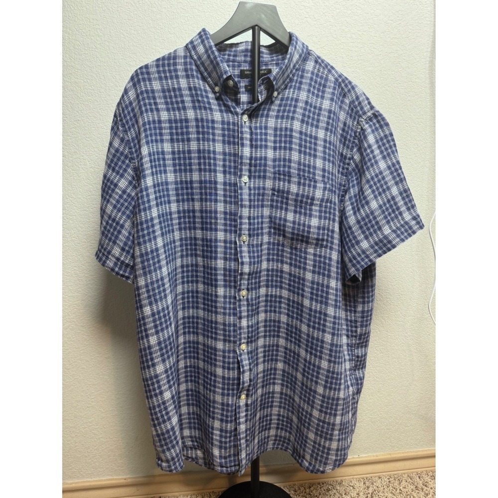 Banana Republic Mens XL Blue‎ Plaid 100% Linen Short Sleeve Shirt Camden Fit